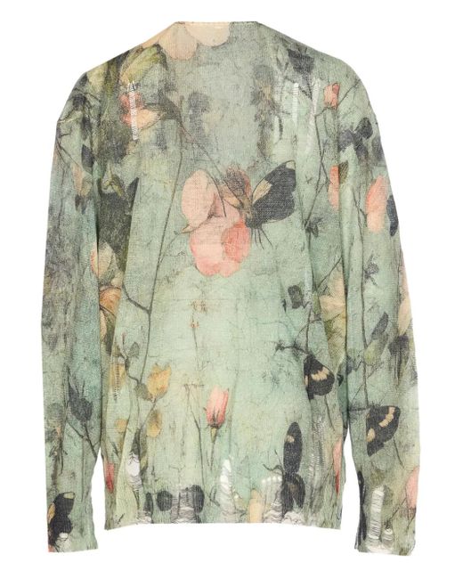 R13 Green Floral-Print Distressed Cardigan