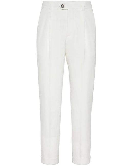 Brunello Cucinelli Linnen Broek Met Geplooid Detail En Toelopende Pijpen in het White voor heren