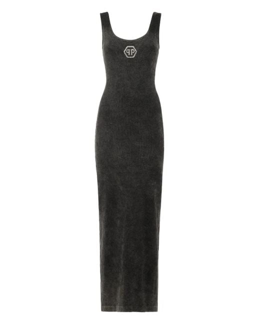 Philipp Plein Black Rib Long Tank Dress Stones Wash Hexagon