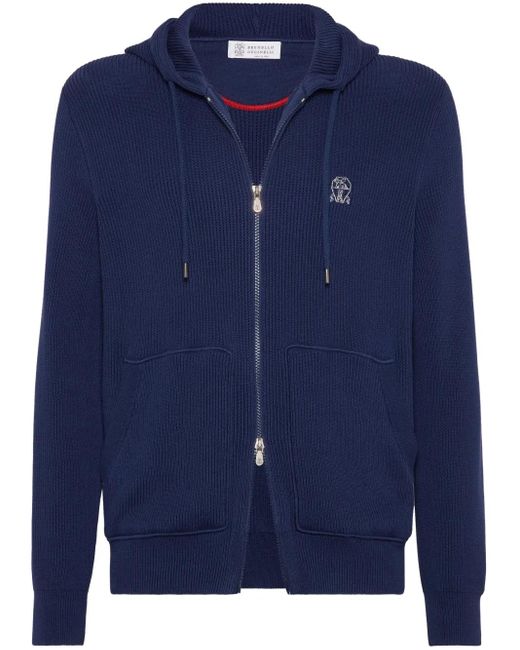 Brunello Cucinelli Blue Knitted Hooded Jacket for men