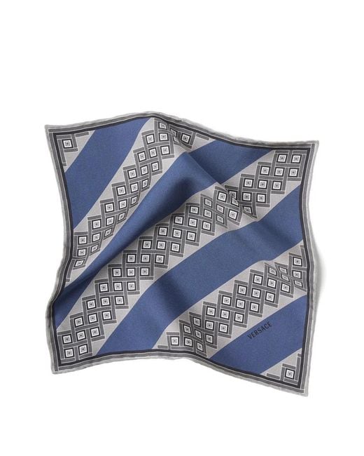 Versace Blue Printed Silk Twill Pocket Square