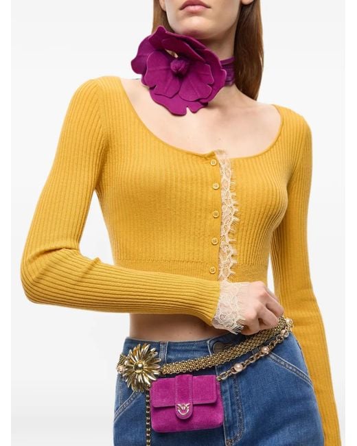 Pinko Yellow Lace-Trimmed Ribbed Cardigan