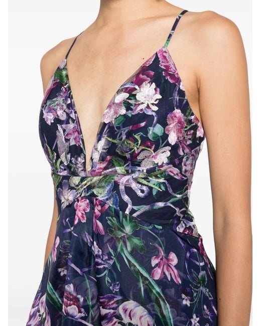 Marchesa Blue Ribbons Floral-Print Chiffon Gown