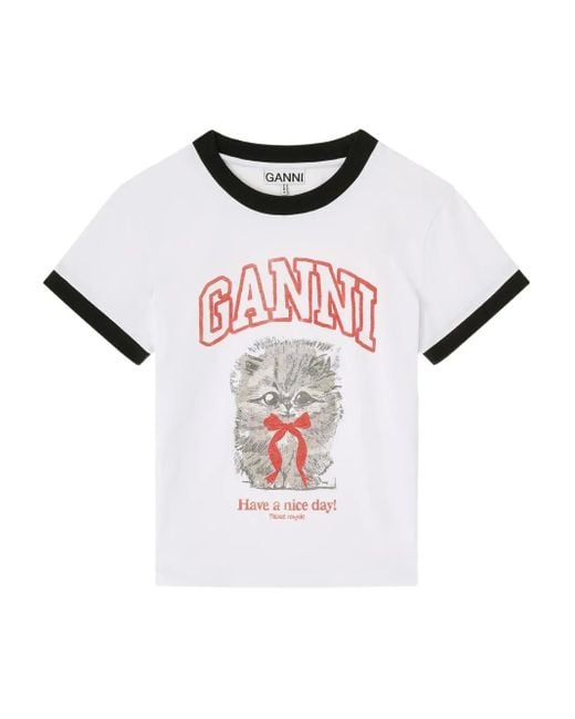 Ganni Pink Graphic T-Shirt With Round Neckline And Short Sleeves
