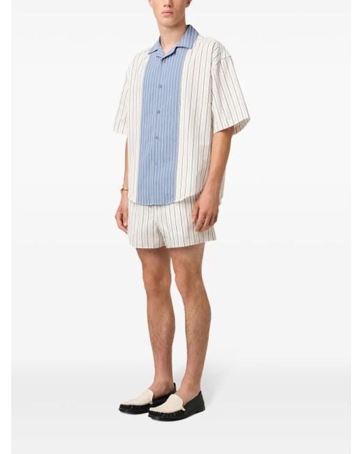 AMI Blue Vertical Stripe Short Sleeve Shirt With Logo Patch for men