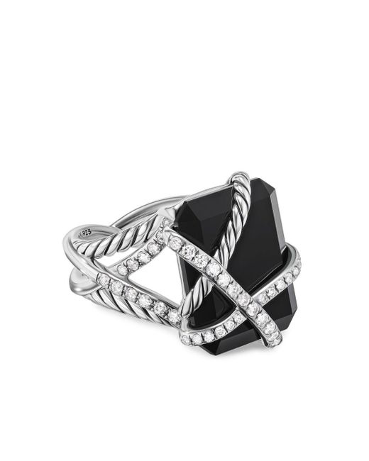 David Yurman White Sterling Silver Cable Wrap Onyx And Diamond Cocktail Ring