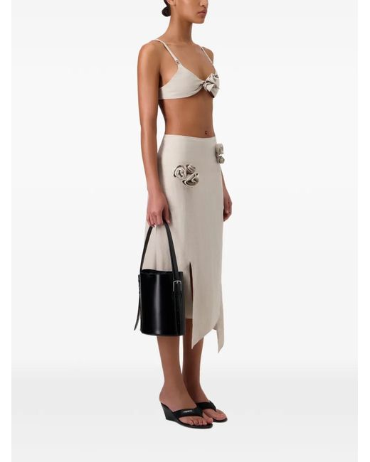 Coperni White Linen Flower Bikini Top With Gathered Central Detail With 3D Petals