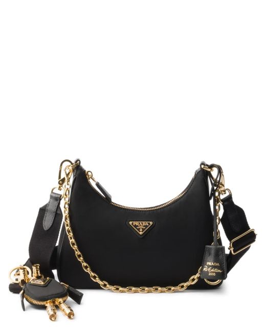 Prada Black Re-Edition 2005 Re-Nylon And Saffiano Leather Bag With Charm