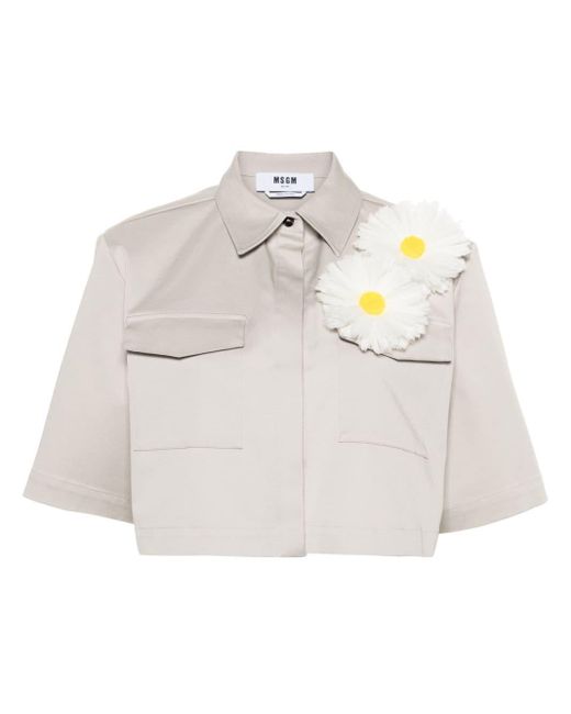 MSGM White Seidenhemd mit Blumenapplikation