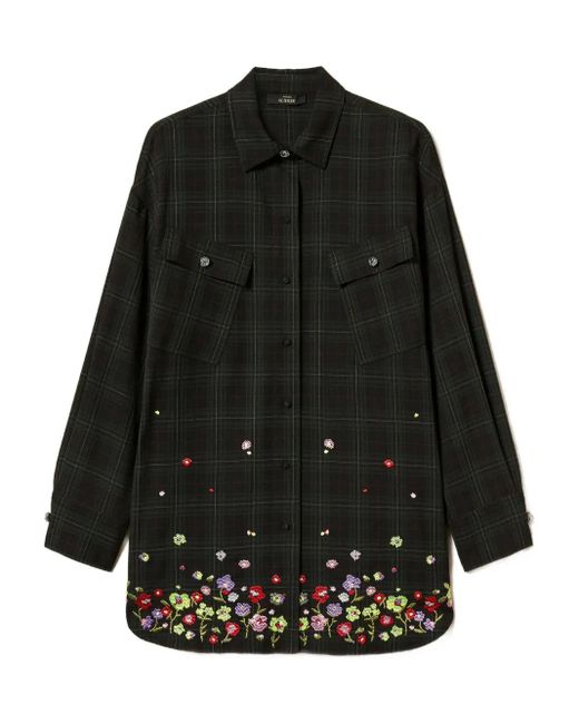 Twinset Black Floral-Embroidered Tartan Shirt