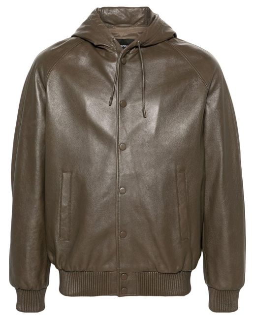 Emporio Armani Gray Hooded Leather Bomber Jacket for men