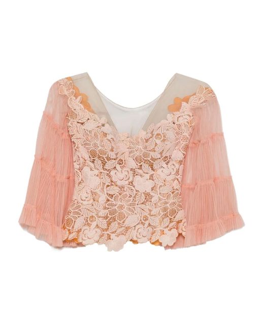 Gemy Maalouf Women's Pink Lace-trimmed Ruffled Top