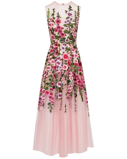 Oscar de la Renta Pink Floral-embroidery Tulle-panels Dress