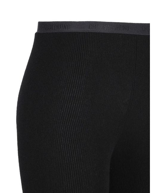 Valentino Garavani Black Ribbed Lace-Detailed Leggings