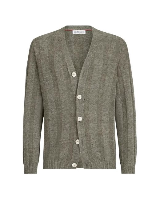 Brunello Cucinelli Green Linen And Cotton Textured Rib Cardigan for men