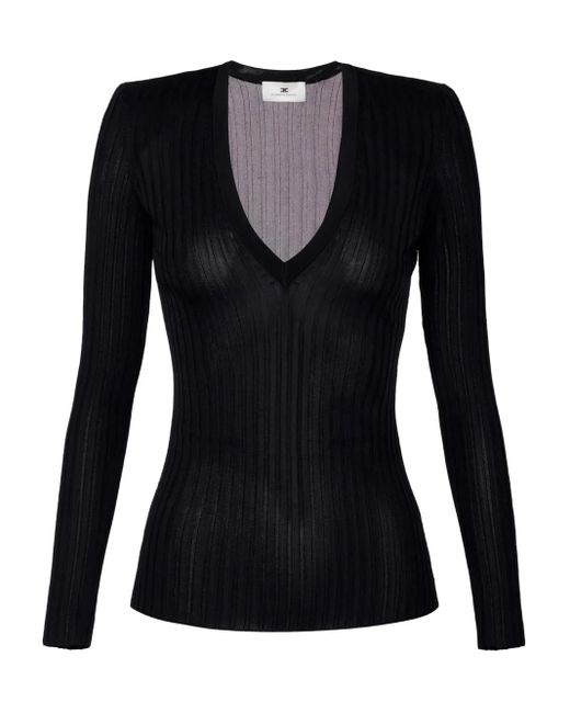 Elisabetta Franchi Black Ribbed V-Neck Sweater