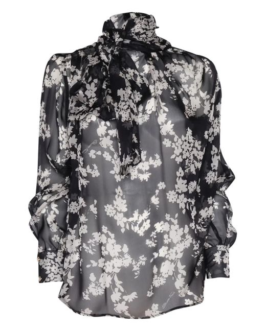 Elisabetta Franchi Gray Floral-Print Silk Blouse