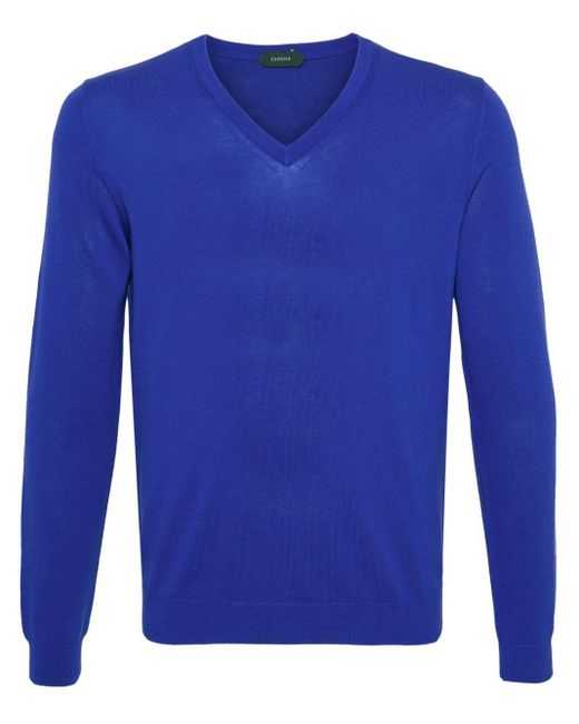 Zanone Blue V-neck Knitted Jumper for men