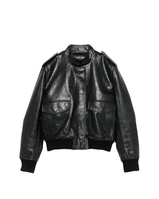 Tom Ford Black Epaulette-Detail Leather Jacket