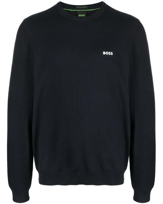 Boss Blue Logo-Patch Round-Neck Jumper for men