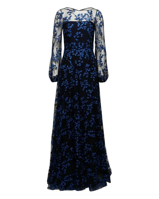 Naeem Khan Blue Floral Long-Sleeve Maxi Dress