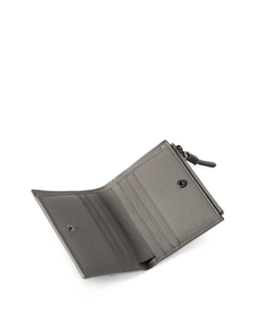 Brunello Cucinelli Gray Portefeuille Compact En Cuir De Veau Grainé Avec Tirette Brillante