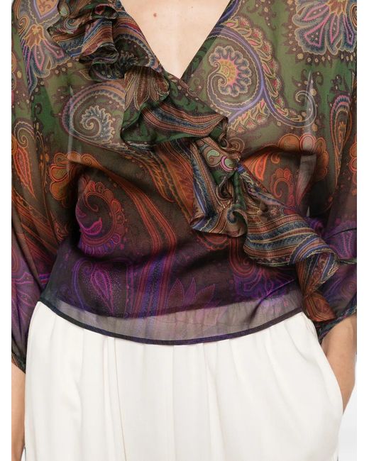 Etro White Paisley-Print Ruffled Blouse
