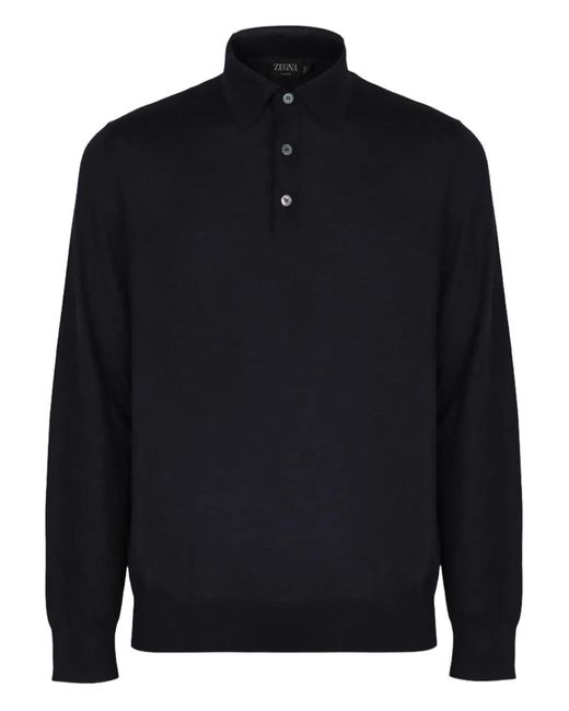 Zegna Blue Ribbed Long-Sleeve Polo Shirt for men