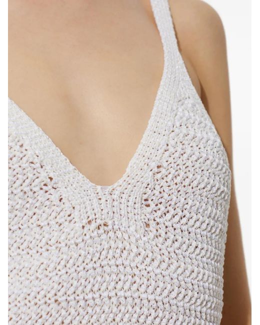 Balmain White Crochet-Knit V-Neck Maxi Dress