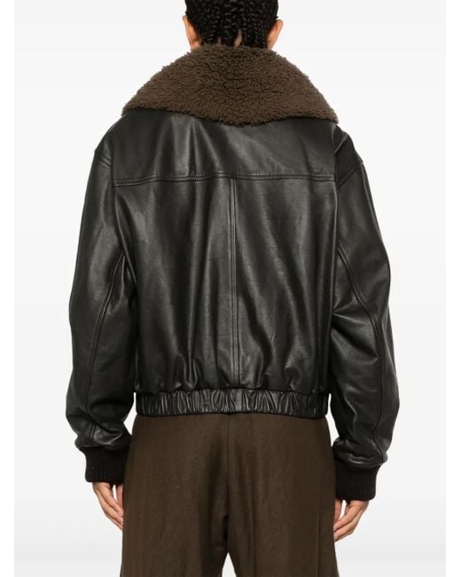 Lemaire Black Shearling Collar Leather Jacket