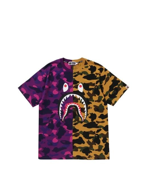 A Bathing Ape Purple Split Camo Shark Cotton T-Shirt for men