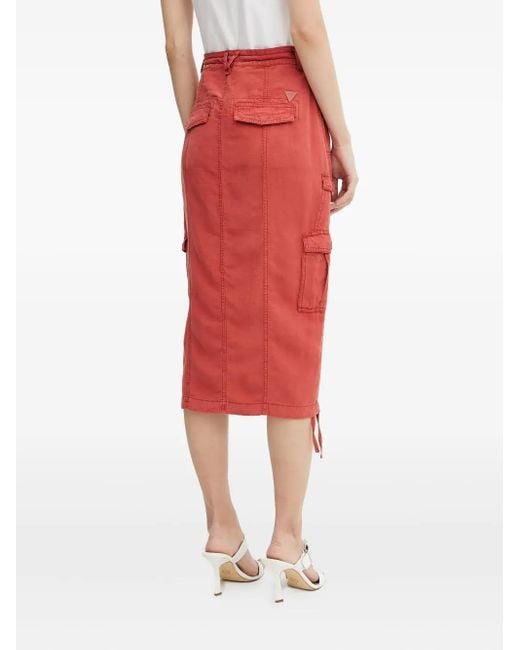 Guess Red Casey Zip-Front Cargo Midi Skirt