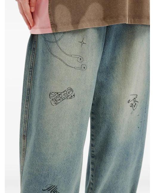 Mini Cream Blue Graphic-Print Wide-Leg Jeans