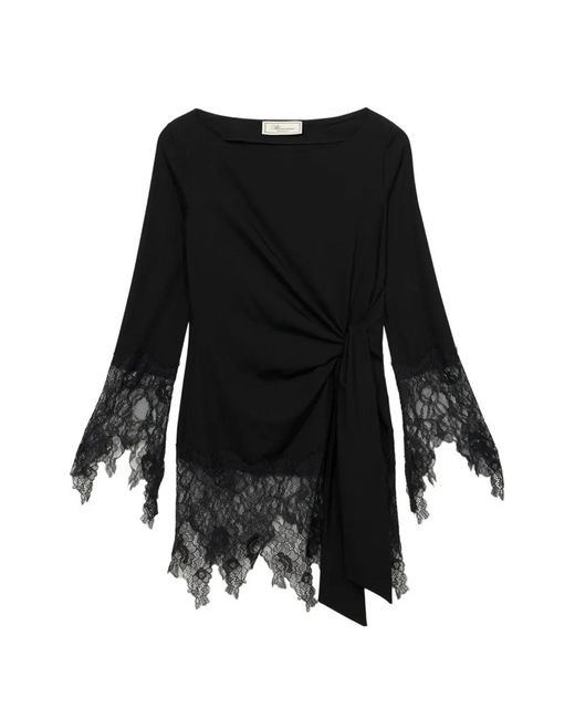 Blumarine Black Lace-Trim Knotted Blouse