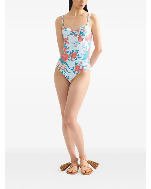 Erdem Blue Floral-Print Moulded-Cup Swimsuit