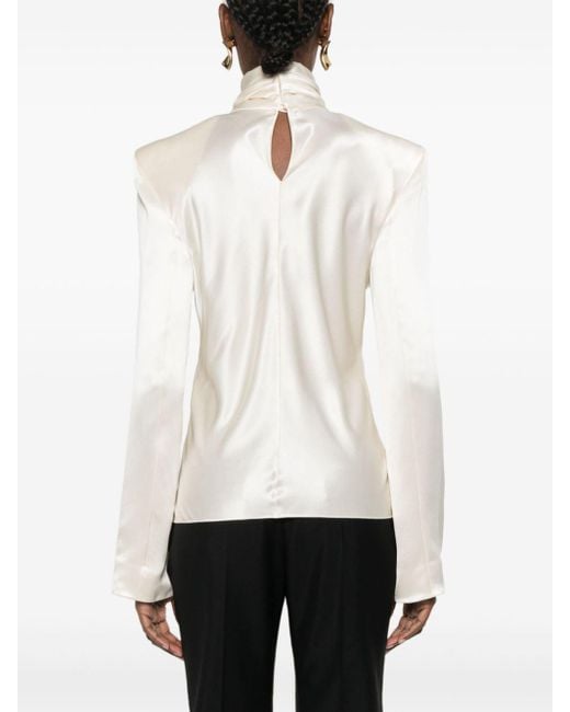 Blusa con collo posteriore a cappuccio in raso di crêpe di seta di Saint Laurent in White