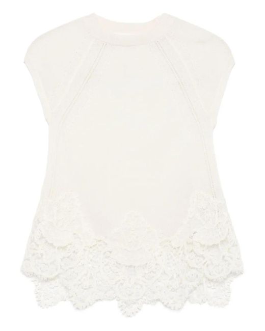 Ermanno Scervino White Lace-Trimmed Knitted Top