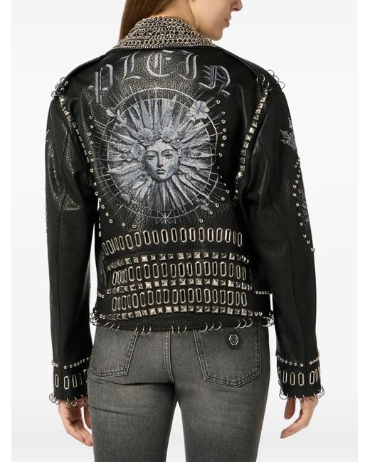 Philipp Plein Black Oversized Biker Jacket Studs Butterfly Tattoo