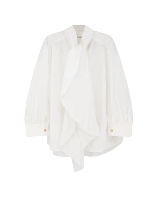 LAMRONS White Pussy-Bow Puff-Sleeve Shirt