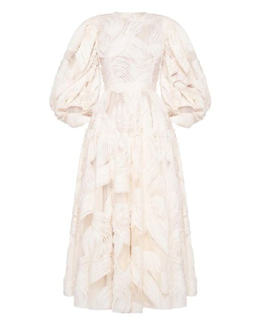Anouki Natural Puff-Sleeve Embroidered Midi Dress