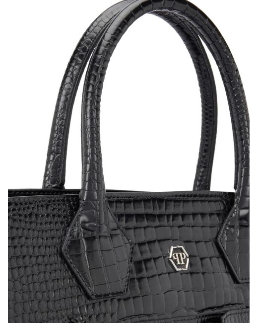 Philipp Plein Black Big Crocodile-Effect Logo Tote Bag