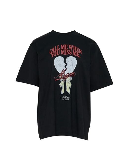 MSGM Black Graphic-Print Cotton T-Shirt