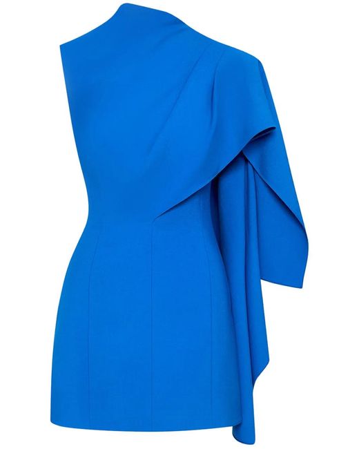 Oscar de la Renta Blue One-Shoulder Cape Dress