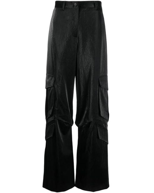 MSGM Black Crinkled-Finish Cargo Trousers