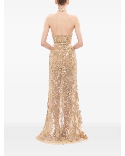 Saiid Kobeisy Natural Sequin-Embroidered Halterneck Maxi Dress