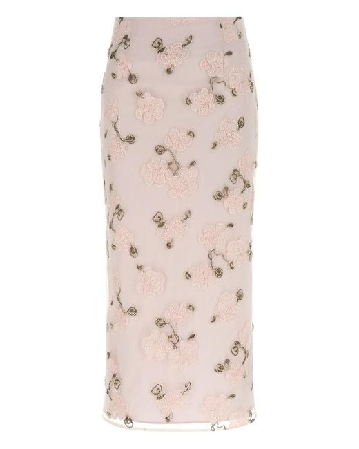 ROTATE BIRGER CHRISTENSEN Natural Midi Skirt With Floral Embroidery