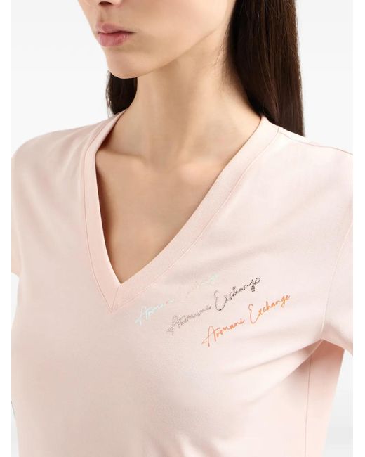 ARMANI EXCHANGE Pink Logo-Embroidered V-Neck T-Shirt