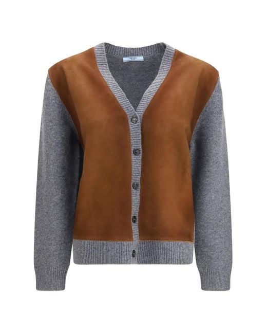 Prada Brown Suede-Panel Wool Cardigan
