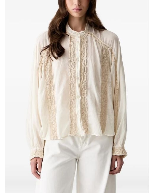 Haveone Natural Lace-Trim Button-Up Blouse