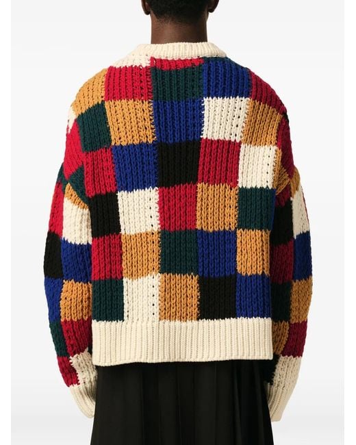 AMI Blue Checkered Wool Crew-Neck Sweater for men